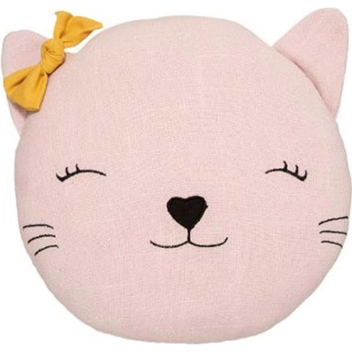Coussin Déco Enfant -Chat- 27cm Rose