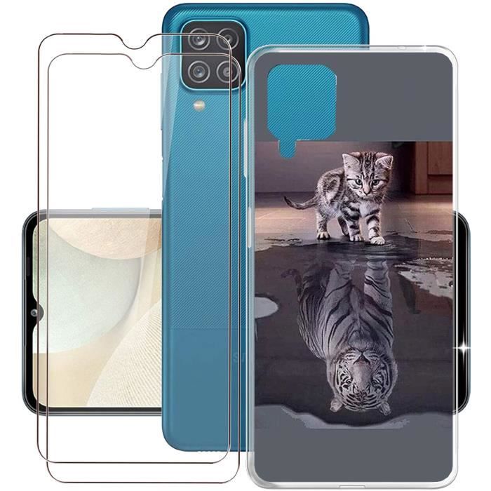 2 Pack Anti-Rayures verre trempé+Samsung Galaxy A12 6.5- Shock-Absorption TPU Chat tigre Mode Mince Silicone Coque téléphone