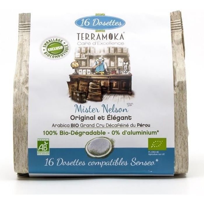 Café Gamme Nelson Décaféiné 100% Arabica Pérou BIO Dosettes Type Senseo x16