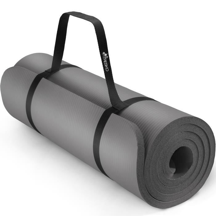 TRESKO Tapis d'exercice fitness yoga pilates gym, en Mousse NBR (185 x 60 x 1,5cm) Gris