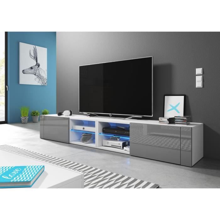 VIVALDI Meuble TV - Hit 2 DOUBLE - 200 cm - blanc mat / gris brillant avec LED - style design