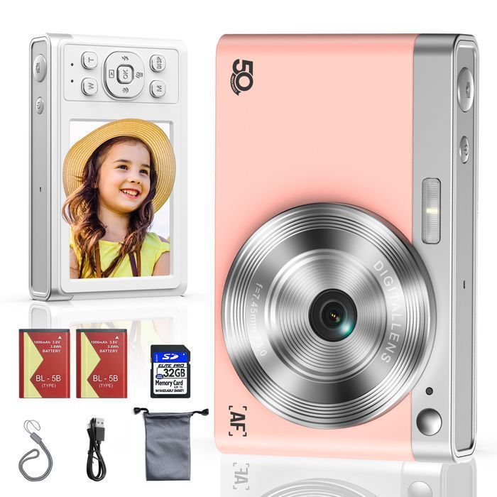 Campark Appareil Photo Numérique Compact-1080P 50MP CaméRa 2.8"LCD Rechargeables Enfant evec une Micro SD Carte de 32G Rose