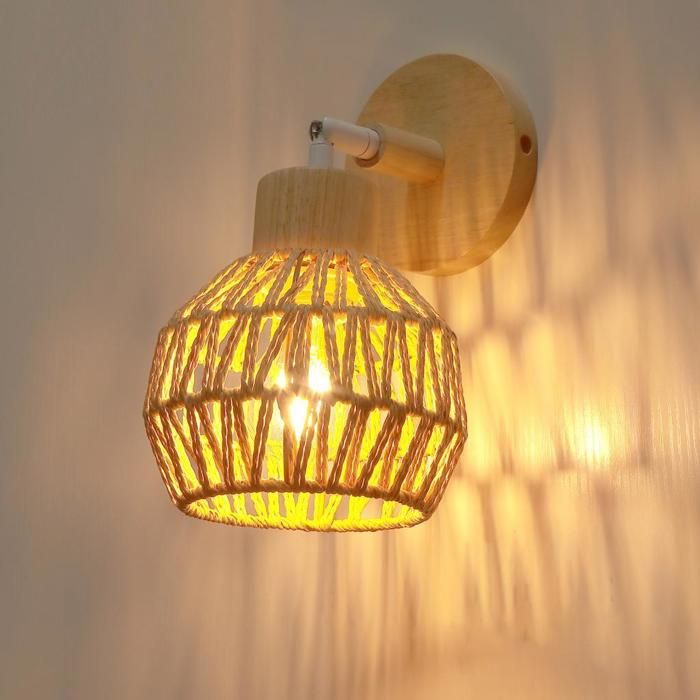 IDEGU Applique Murale Intérieur 15CM Lampe Murale Réglable en Bois et Corde de Chanvre Rétro Luminaire Vintage pour Chambre Salon