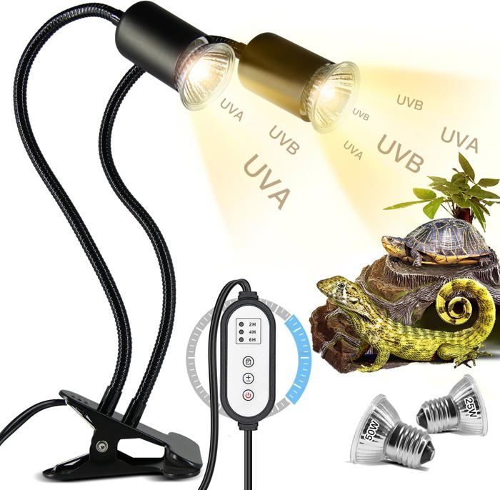 Meilleurs prix pour Lampe Chauffante Tortue à Deux Têtes, 25W+50W Lampe Tortue Terrestre UVA+UVB Lampe pour Reptiles avec 2 Ampoule et Minuterie