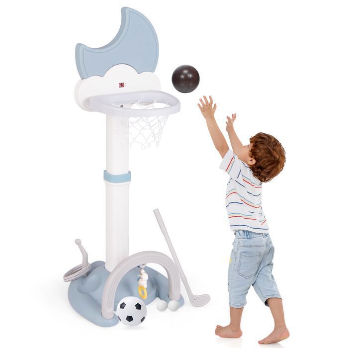 DREAMADE 4 en 1 Panier de Basket Enfants Hauteur Réglable Basket-Ball Football Golf Inclus Tableau de Score Électronique Bleu