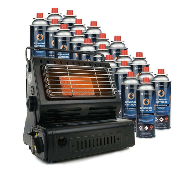 Chauffage Gaz Portable Eurocatch - Inclut 16 Cartouches - Réglable 45° - Allumage Piézo - Pour Terrasse, Camping - Jusqu'à 10m²