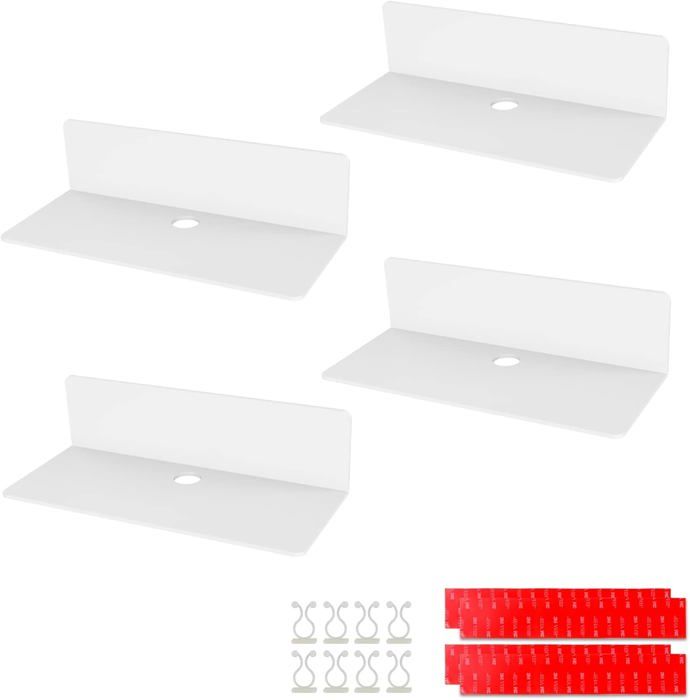 4PCS Étagère Murale Flottante en Acrylique 23*9.5cm Etagere Adhésive 8 Clips Câble Petite Étagère pour Salle de Bain Cuisine
