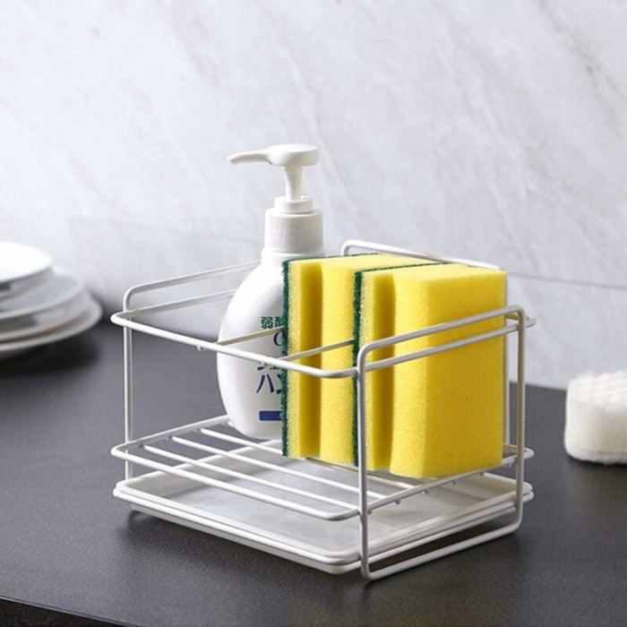 Organisateur D'évier Avec Porte-éponge Et Bac De Drainage - Acier Carbone Argenté - 23x9x10 Cm - Pour Cuisine Ou Salle De Bain