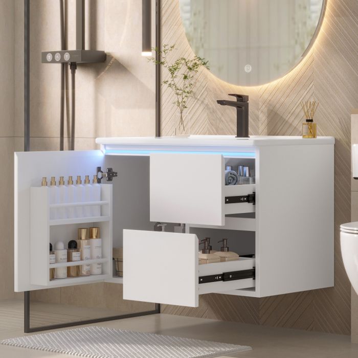 Meuble vasque salle de bain suspendu 2 tiroirs-Meuble lavabo main wc et bassin intégré blanc -76x46x50cm