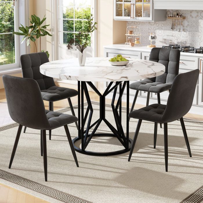 Ensemble table à manger - LANGTU - Ø100 cm - 4 chaises velours gris - Plateau MDF imitation marbre - Piètement métal réglable