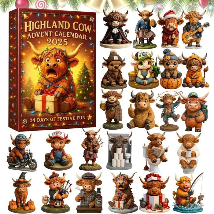 Calendrier De L'Avent 2025 Vache Des Highlands 3D - 24 Figurines Miniatures Décoratives | Compte à Rebours Noël, Décoration Maison Amusante