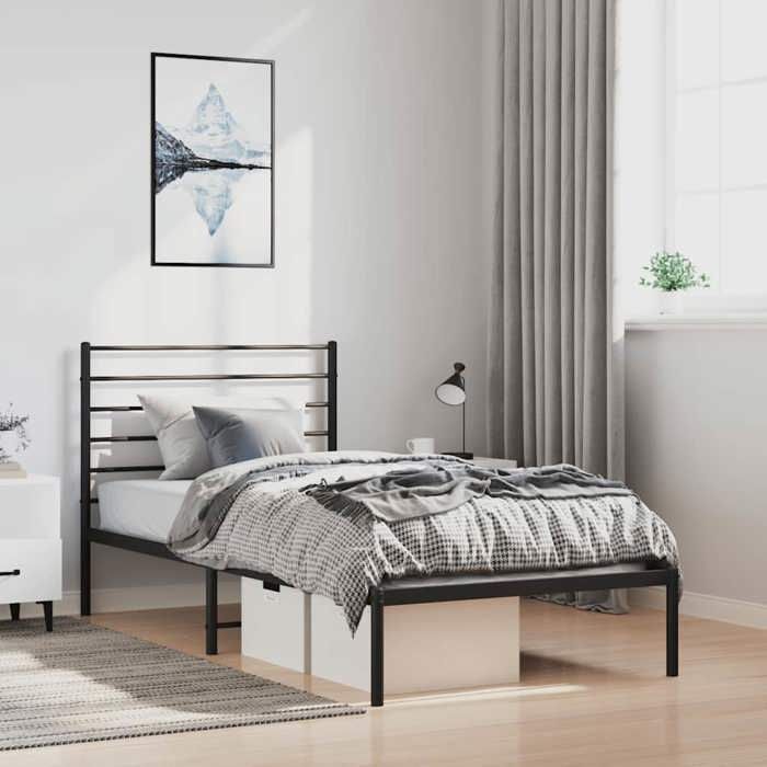 Structure de lit métal - UU - 100x190 cm - Noir - Acier - Espace de rangement - Tête de lit - Lattes en métal