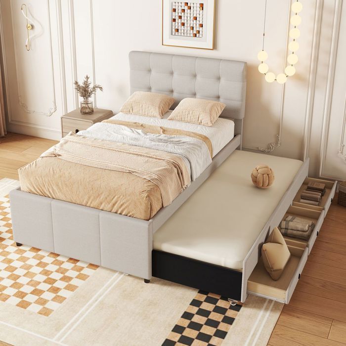 Lit gigogne - SOGEU - Lit capitonné 90x200 extensible - Tête de lit réglable - 3 tiroirs de rangement - Sommier à lattes