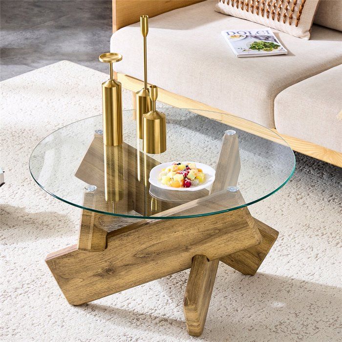 Table Basse Salon Moderne Ronde en Verre Trempé Table Basse Transparente avec Pieds en Bois Noyer Clair pour Petit Espace 79x45 cm