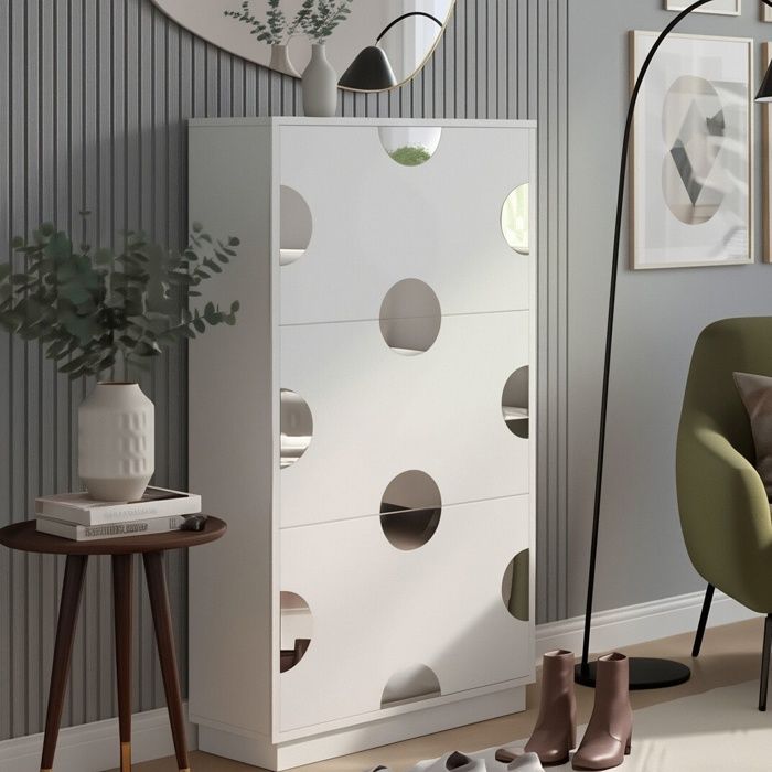 Meuble à Chaussures 63x24x120cm - Miroir Rond Artistique - 3 Abattants - Gain de Place Ultra Mince - MDF Blanc Moderne