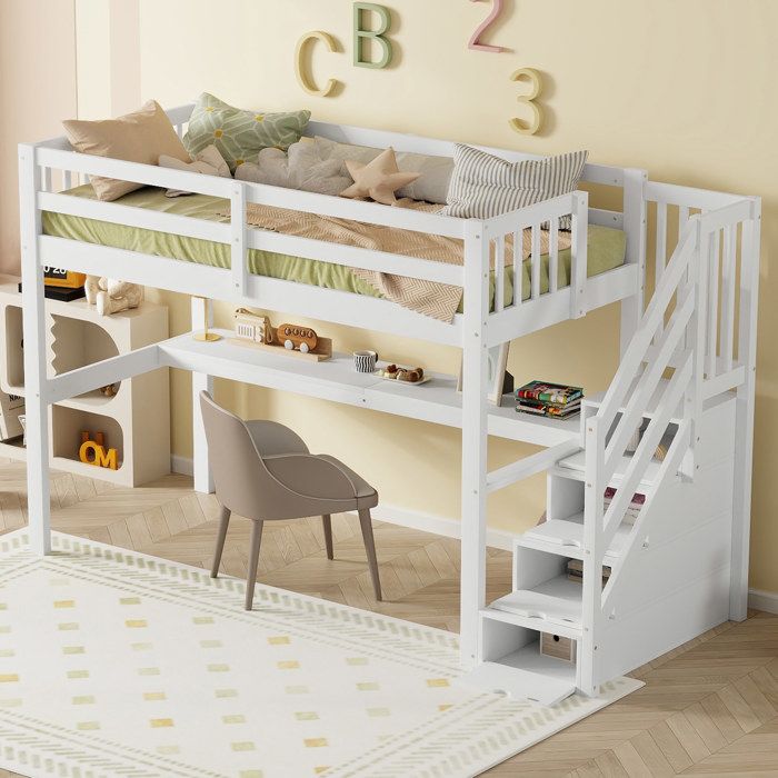 LPOSPI Lit mezzanine 90x200 cm - lit enfant avec bureau intégré et escalier de rangement - sans matelas - bois et mdf - blanc