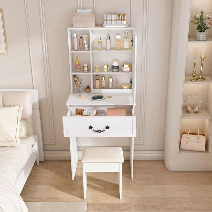 Bladez - Coiffeuse avec miroir LED dimmable Compacte avec rangement caché avec tabouret rembourré design moderne Blanc