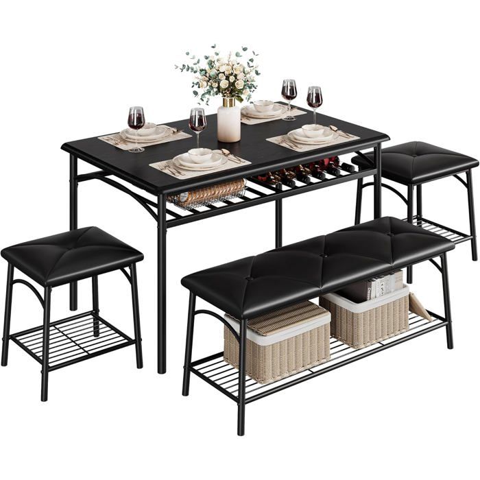 Ensemble table et chaise de salle à manger-4 Personnes–Table avec Bancs Et Tabourets Banc Rembourré Métal Et Bois Rangement noir