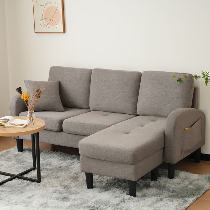 Canapé - MINIMAL - Canapé modulaire 3 places - Angle réversible - Tissu coton-lin - Compact 166×118×77