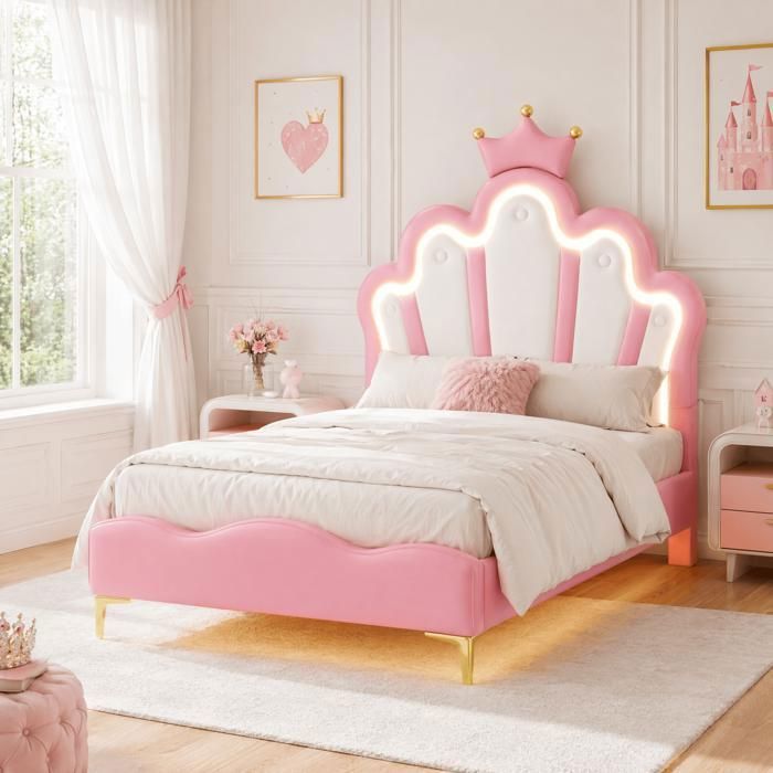 Lit double 90x200cm en cuir PU rose design couronne avec éclairage LED RGB et télécommande