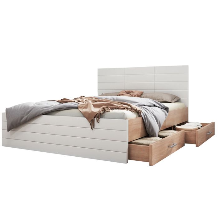 Lit double bois 160x200 cm avec 2 tiroirs moderne cadre + sommier à lattes chêne/blanc sans matelas