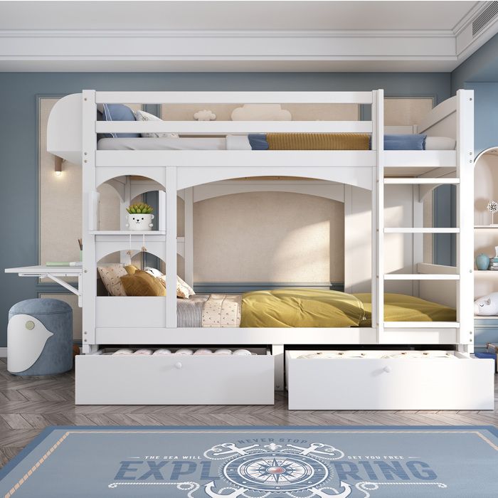 COVREO Lit superposé enfant 90 x 200 cm avec bureau pliable 2 tiroirs étagère bois massif et MDF blanc