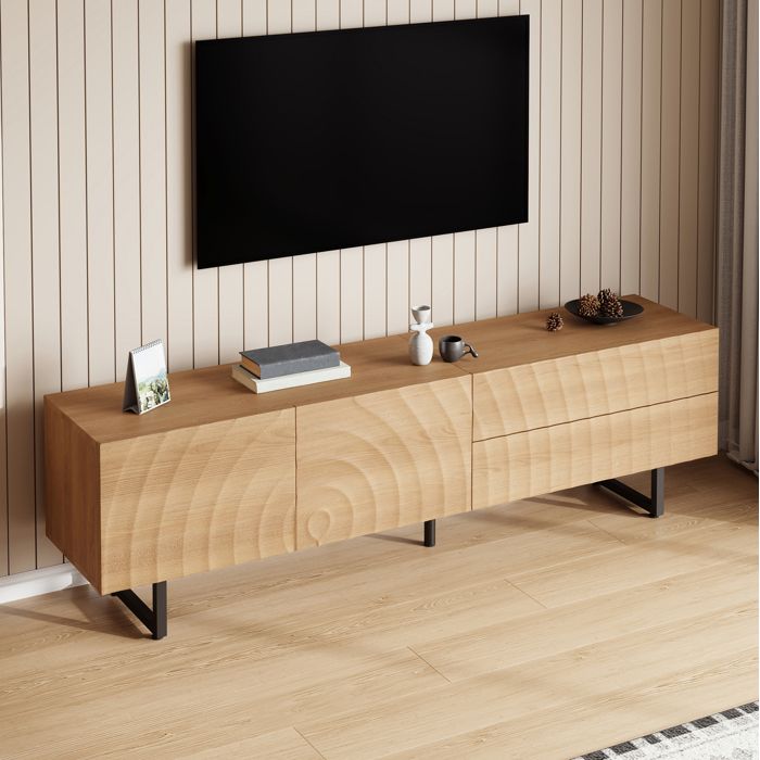 Meuble TV 180 cm style scandinave aspect bois naturel 2 portes 2 tiroirs sans poignées pieds métal noir ORVRYN