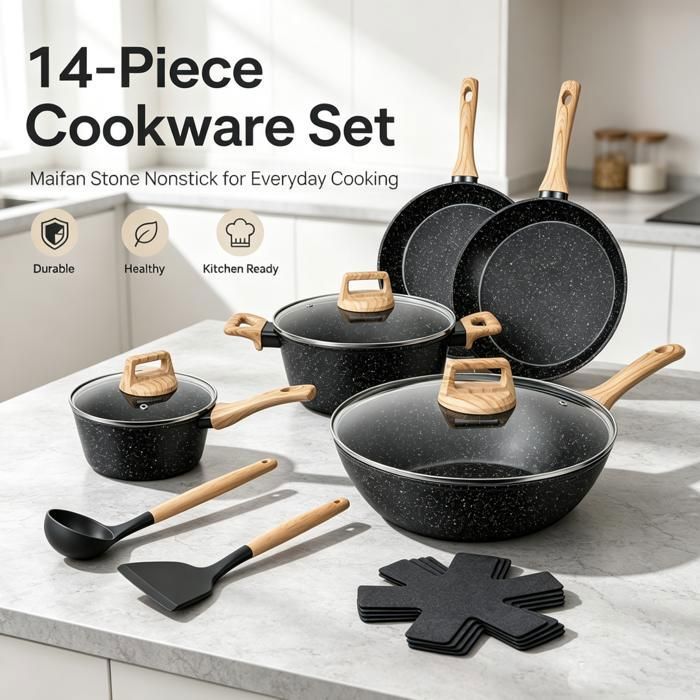 Batterie de cuisine Set De Cuisine 14 Pcs Pierre Meuble Casserole Poêle Wok Couvercles Compatible Induction Gaz Toutes Plaques