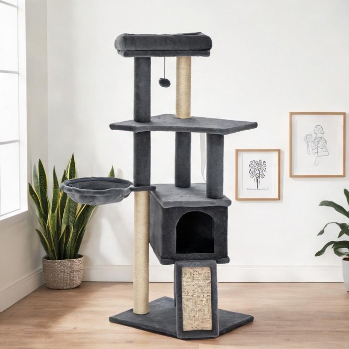 Centre dactivités pour chat multi-niveaux en panneaux de particules gris avec niche et plateformes