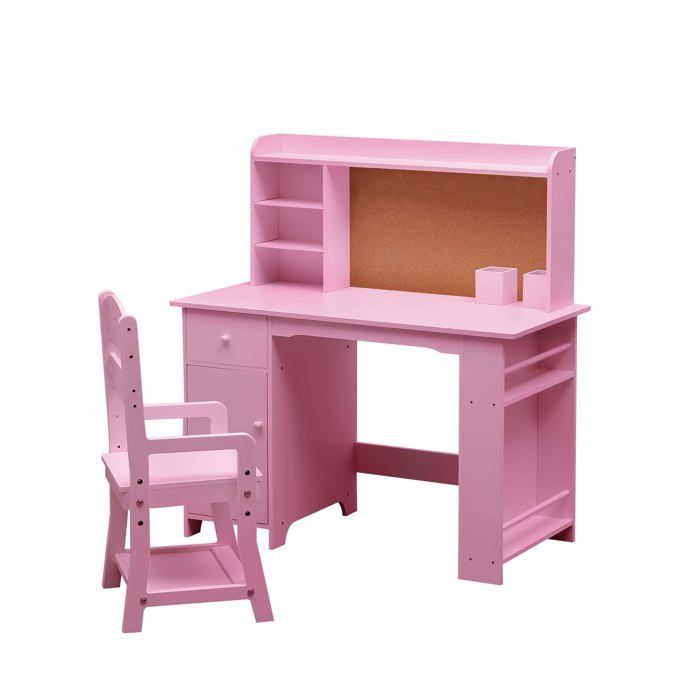Ensemble bureau chaise bois enfants bibliothèque tableau affichage armoire étagères 3-8ans rose