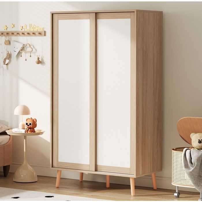 Armoire enfant à portes coulissantes EVRYAE 80 x 46 x 141 5 cm tringle étagères MDF blanc naturel
