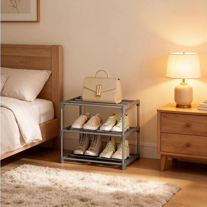 Meuble à chaussures ouvert 3 niveaux gris en métal pose au sol 6 paires