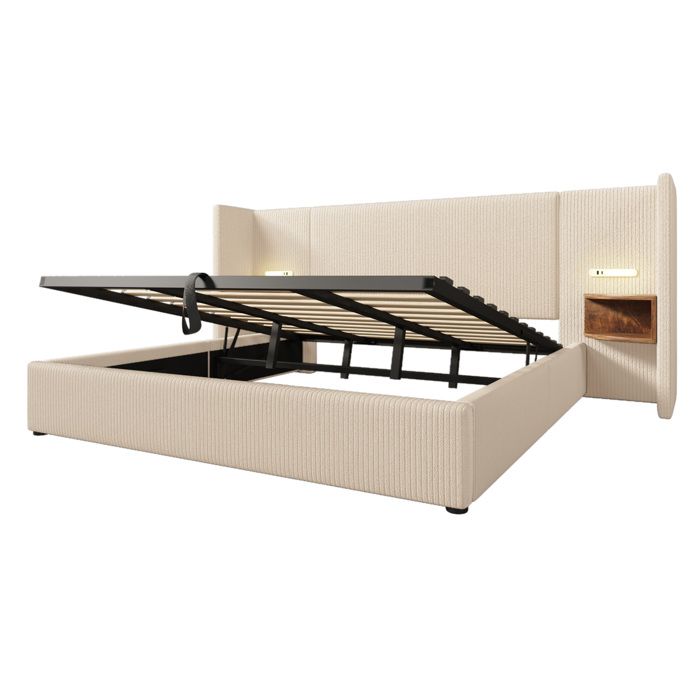 Lit double coffre 180 x 200 cm beige avec niches lampes tactiles et ports USB/Type-C