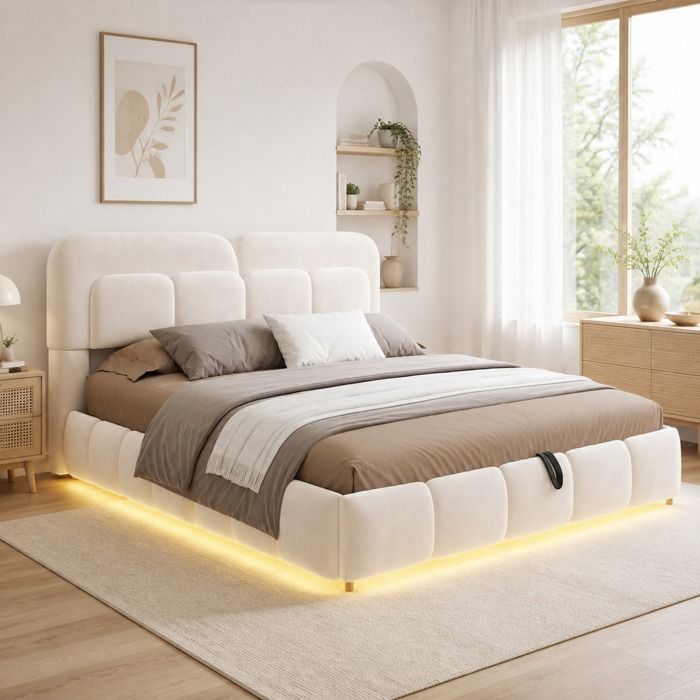Lit capitonné - ZEVKOR - 140x200 - Rangement hydraulique - LED intégrée - Velours beige