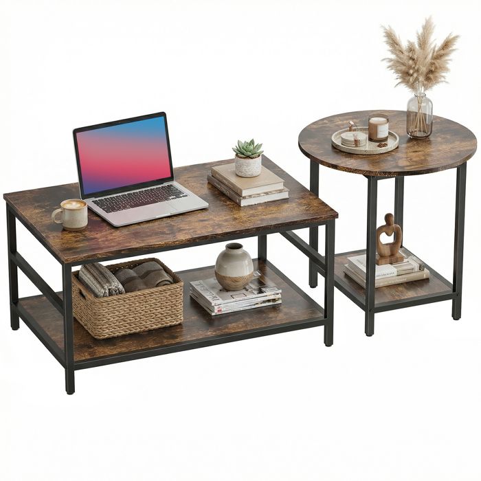 Ensemble de table basse 2 pièces table rectangulaire et table ronde avec rangement à 2 niveaux pour salon marron rustique