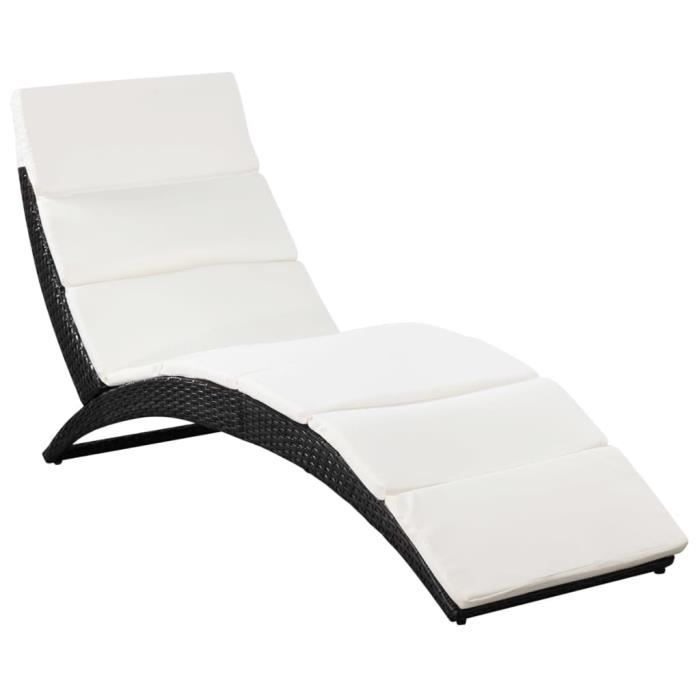 Transat chaise longue bain de soleil lit de jardin terrasse meuble d exterieur pliable avec coussin resine tressee noir