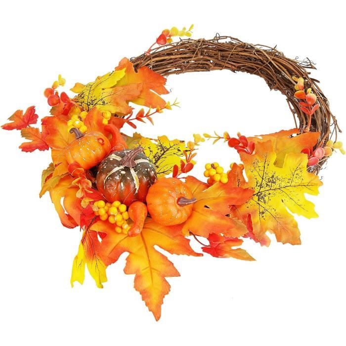 Couronne Halloween Artificielle 50 Cm - Citrouilles, Branches Et Nœuds, Décoration Porte D'Entrée Festive Et Effrayante