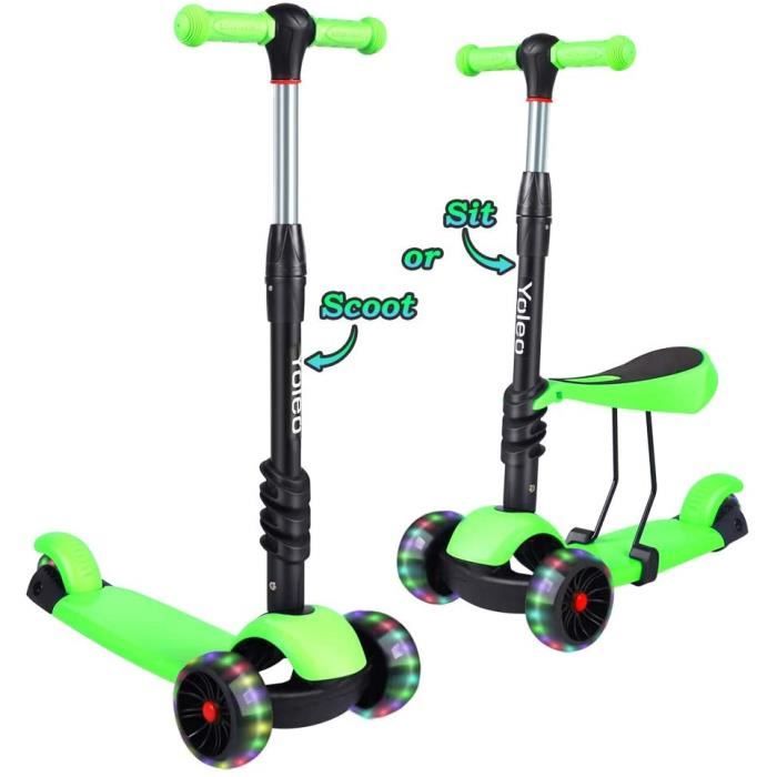 Trottinette 3 En 1 Avec Siège Amovible - Pour Enfants 18 Mois à 8 Ans, Roues LED, Hauteur Réglable