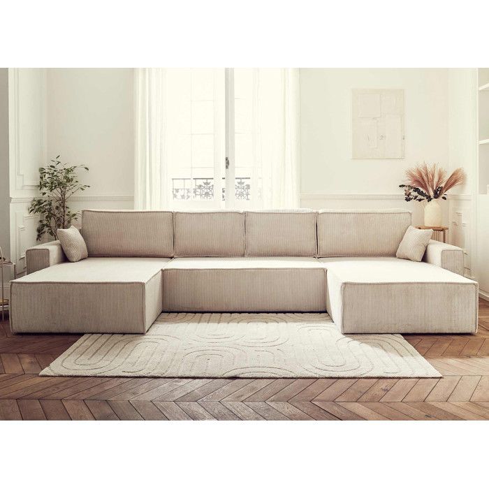 Bestmobilier Canap&eacute; panoramique 7 places DELLIA - En U - Velours c&ocirc;tel&eacute; Beige