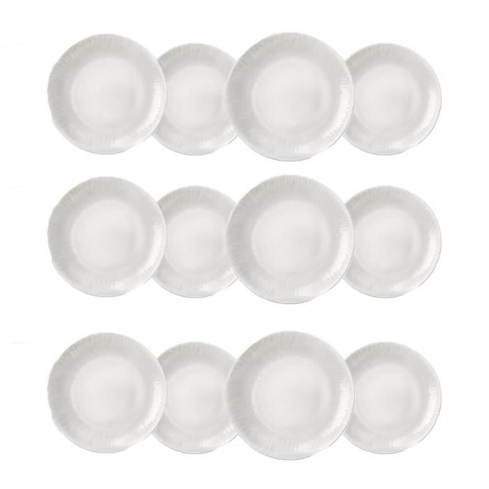 Service 12 assiettes creuses - JUANIO - Ø 20 cm - Verre opale - Blanc - Compatible micro-ondes