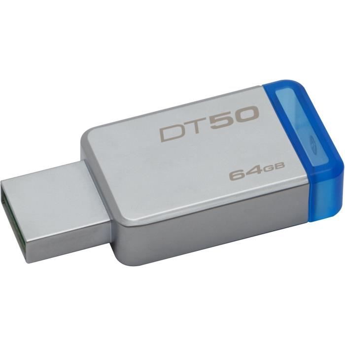 HYPERX Cl&eacute; USB - KINGSTON - DataTraveler 50 - 64Go - USB 3.0 - M&eacute;tal & Bleu 