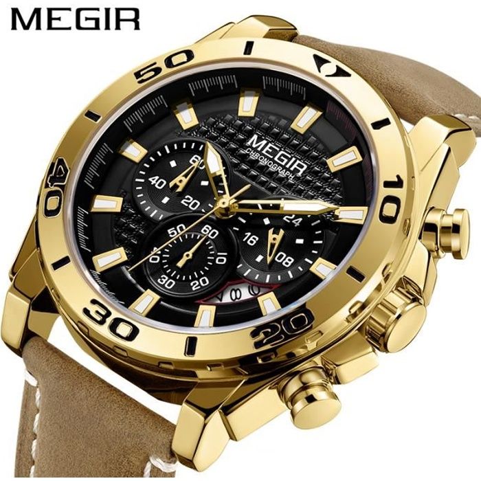 MEGIR chronographe hommes montres Top luxe en cuir Quartz montre homme armee sport Date montre boite cadeau Classique Achat vente montre Homme Adulte Marron Cuir Neuf Cdiscount