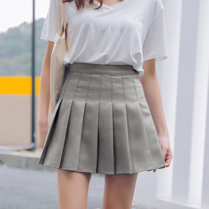 Nouveau coreen taille haute zippee.Poche etudiants jupe courte gris Gris Cdiscount Pret a Porter
