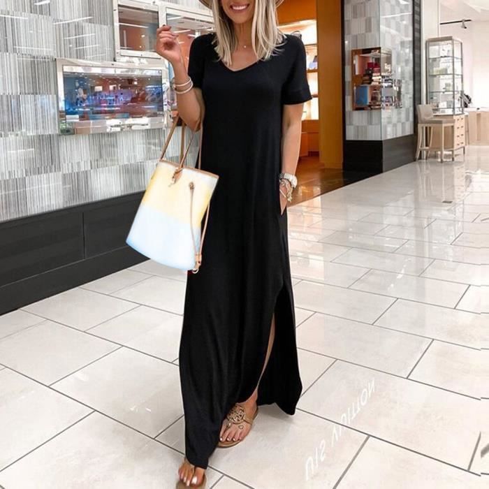 Robe Longue Femmes Mode feminine decontractee lache solide col en v manches courtes poches longue Noir Noir Cdiscount Pret a Porter