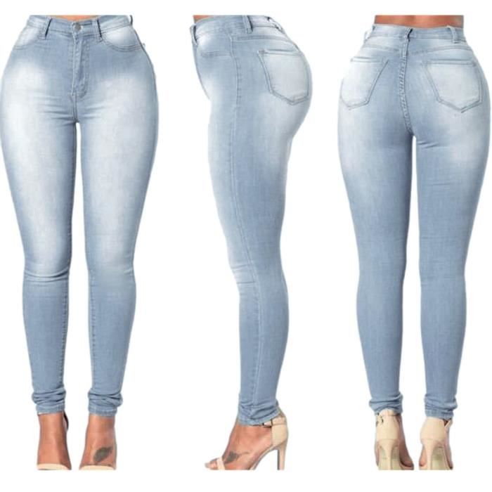 Jeans a poche zippee avec bouton trou pour femme Pantalon slim decontracte en denim a jambes larges Bleu Bleu Cdiscount Pret a Porter