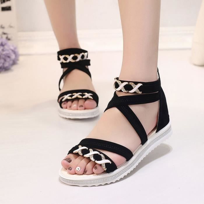 Sandales Plates Femme été - Confortables, En Cuir, Style Tropeziennes, Avec Strass, Pieds Nus Ou Chaussettes - 8