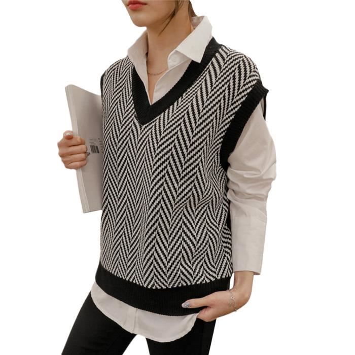 Femme Gilet en Tricot Col en V Mode Tricote Gilet Casual Coreen Gilet a Carreaux Printemps Automne Hauts Casual Style Preppy noir Noir Cdiscount Pret a Porter