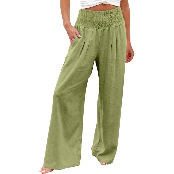 PANTALON Pantalon Femme Ete Lin Pantalons Decontractee Taille Haute Pantacourt avec Bouton Leger Ample Longueur Fluide Vert menthe Vert menthe Cdiscount Pret a Porter