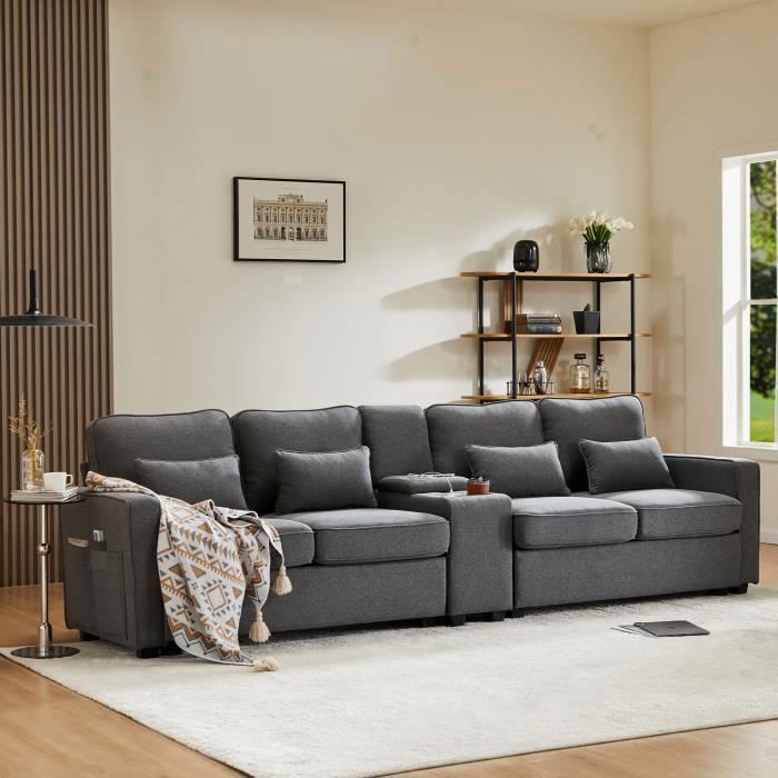 Canapé D'angle Moderne En L Avec Repose-pieds Mobile, Rangements USB Et Velours Doux - Gris, 4 Places