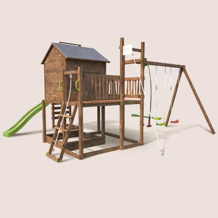 Aire de jeux en bois pour enfant : portique, cabane, balançoire